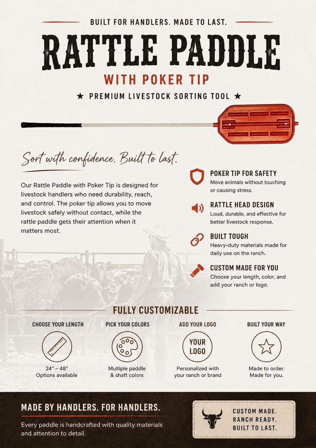 Custom Rattle Paddle with Poker Tip | Livestock Sorting Tool, Ranch Brand Addition