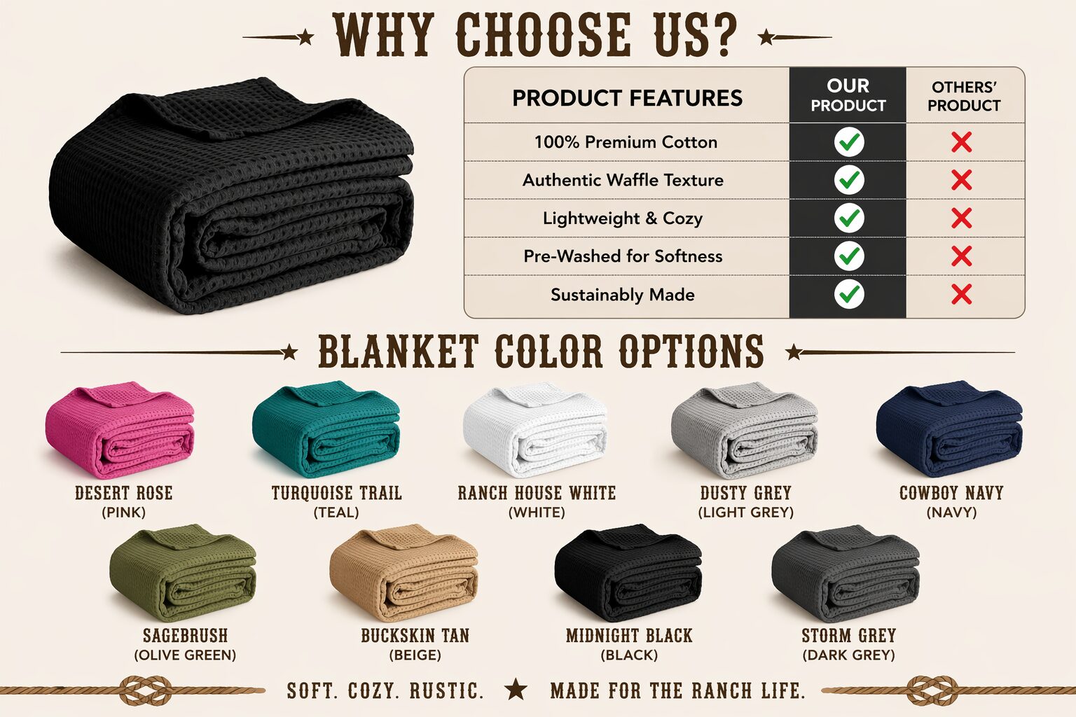 Custom ranch, blanket, color options, and product features chart