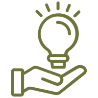 Hand holding a glowing light bulb icon.