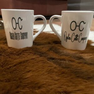 Two branded mugs on a furry surface.