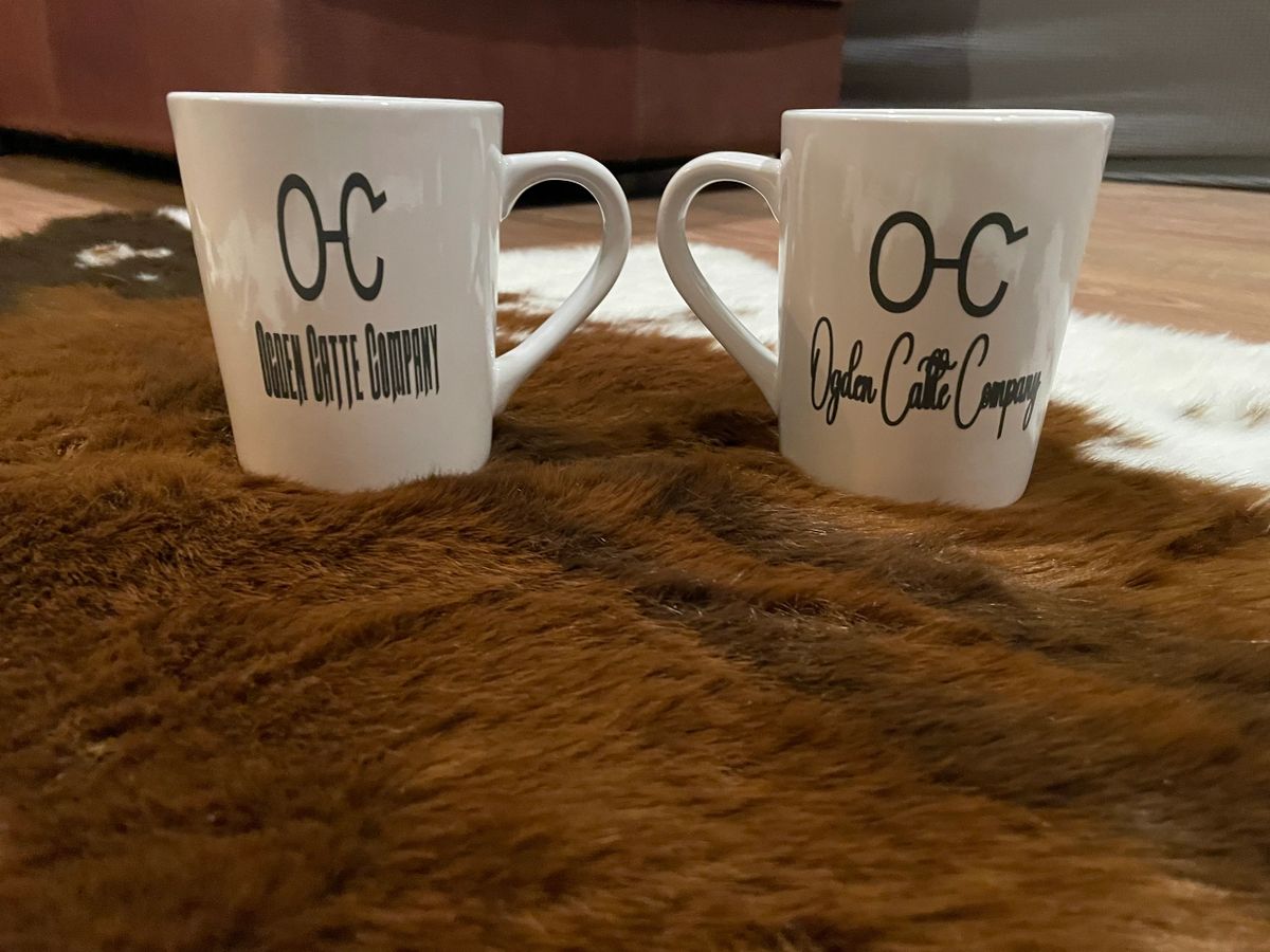 Two branded mugs on a furry surface.